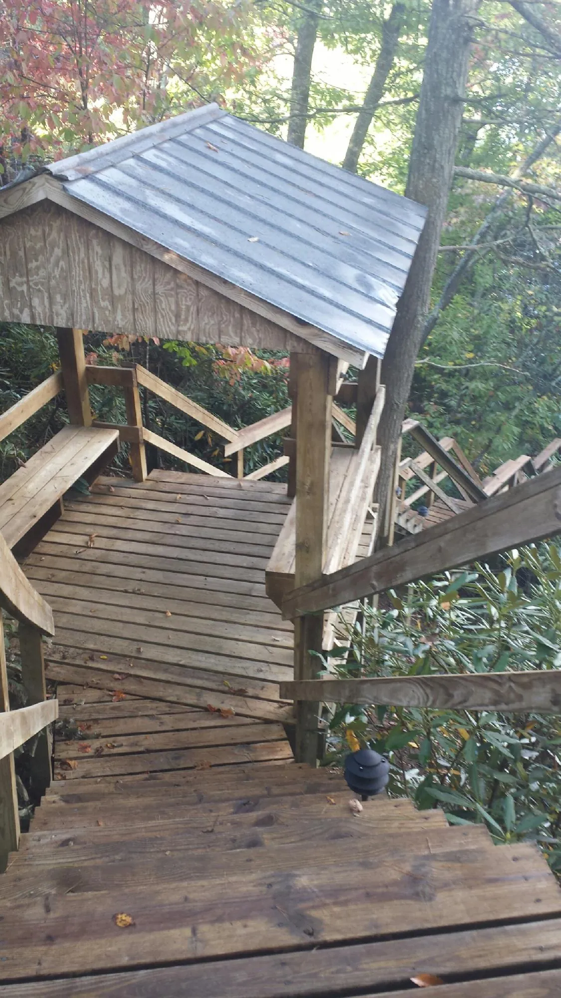 Metal roofed shelter over wooden steps on a wooded walkway — Skylight Repair & Installation work by our crew in Ypsilanti